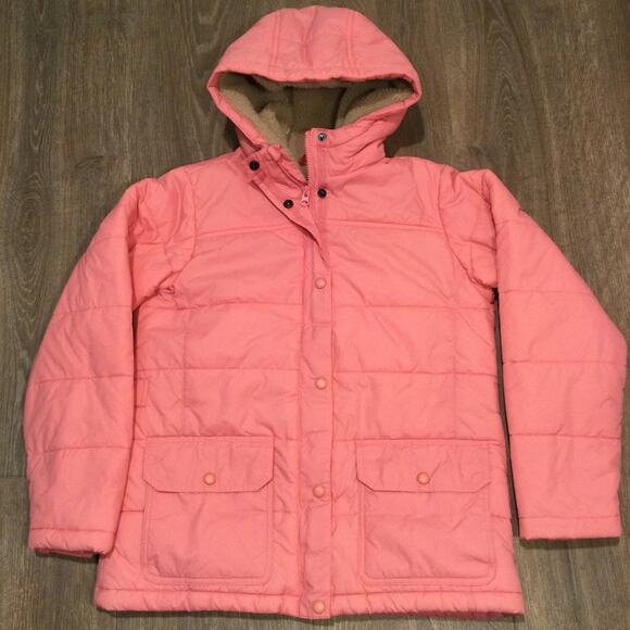 Lands' End Pink Puffer Jacket w/hood shearling lining L 14